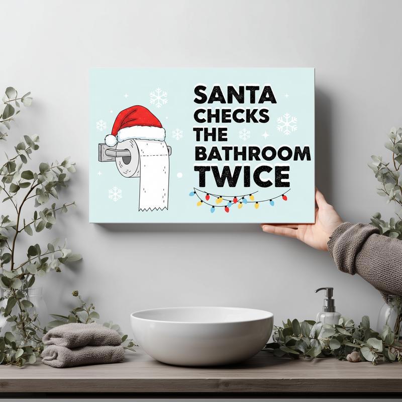 Christmas bathroom reminder canvas wall art, minimalist black-and-white 'Replace the Roll' typography with festive icons