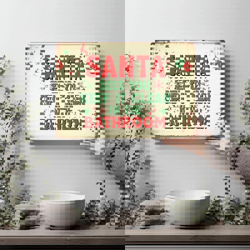 Santa Sees You Christmas canvas wall art, cream background with red script text, vintage look, square format for bathroom. Santa Sees You Christmas canvas wall art, cream background with red script text, vintage look, square format for bathroom.