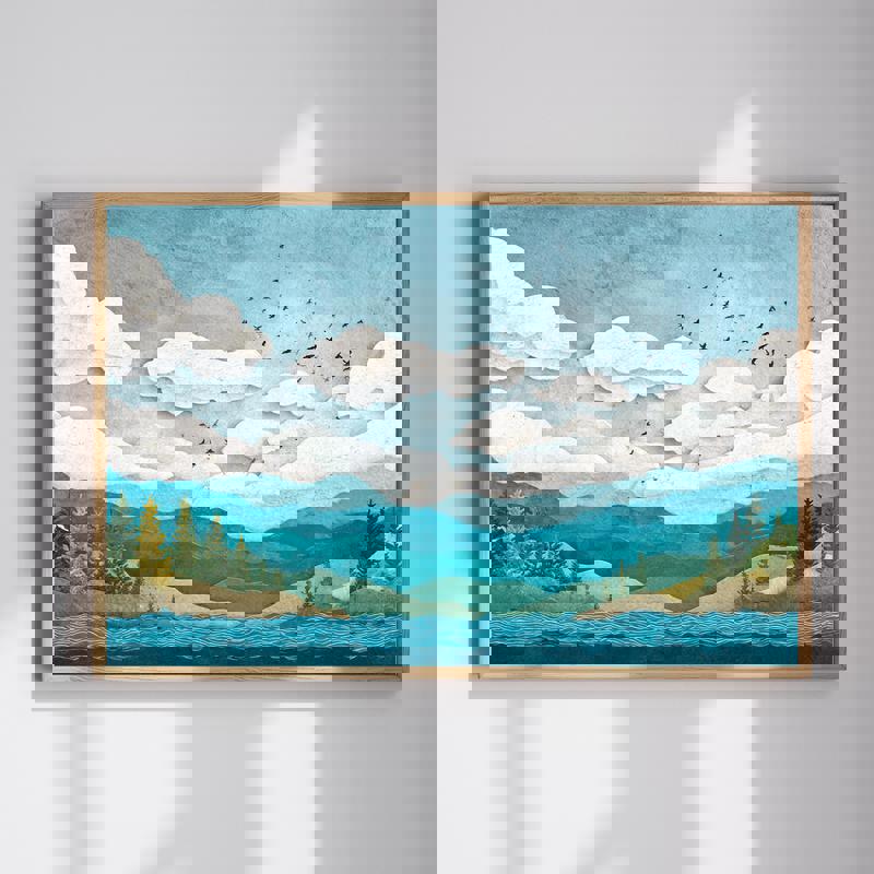 Autumn shore farmhouse canvas wall art, coastal shoreline with fall foliage in warm neutrals, landscape bathroom decor | Family Wall Decor