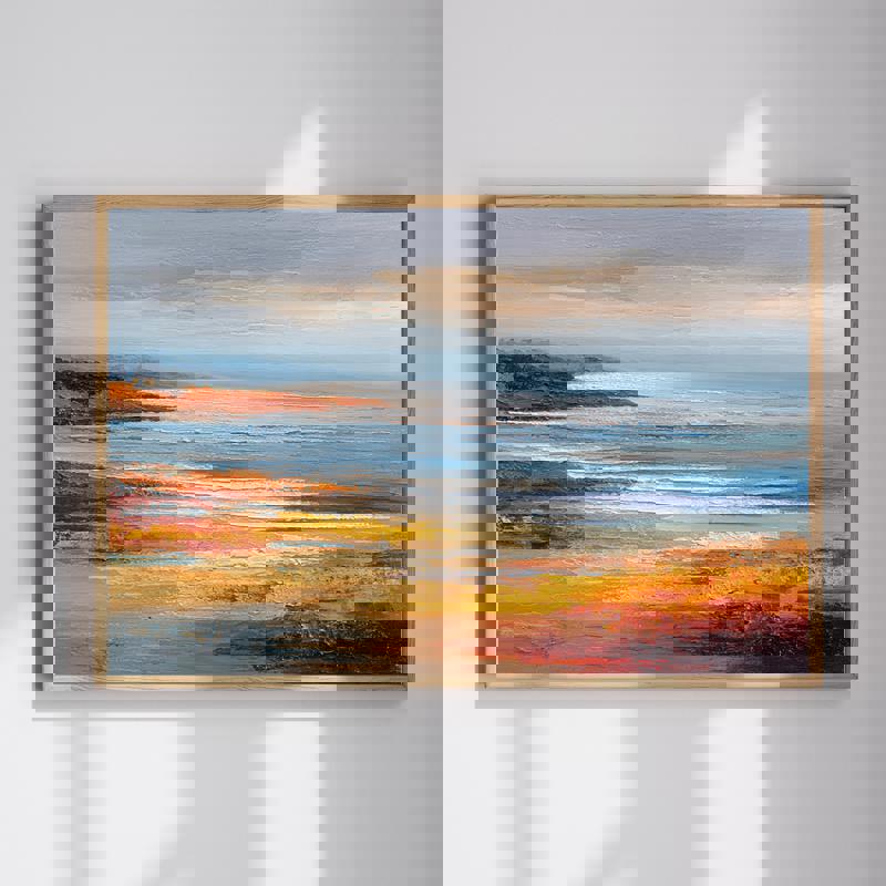 Calm harmony seascape canvas wall art, warm autumn tones for bathroom decor, serene shoreline, landscape orientation | Familywalldecor