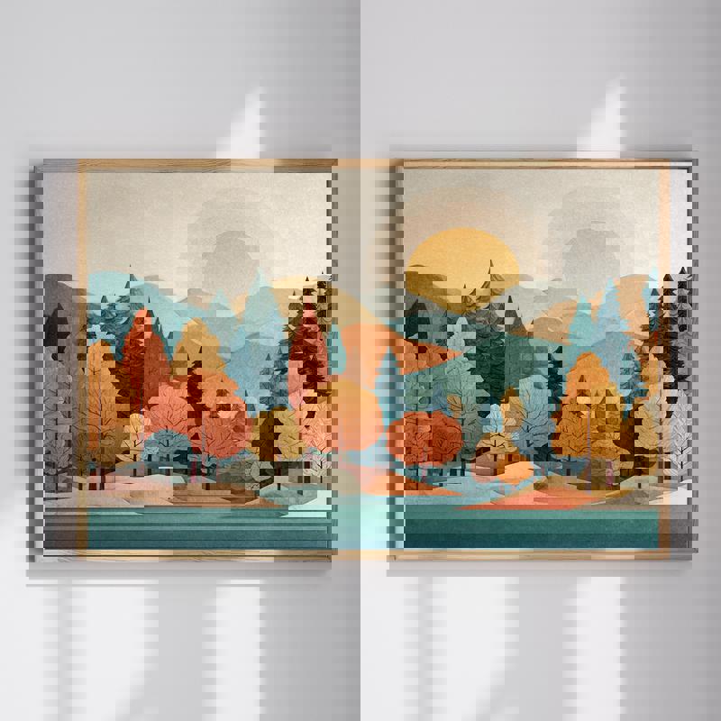 Pastel pine forest river landscape canvas wall art, soft bright tones for serene bathroom decor, misty evergreens and water