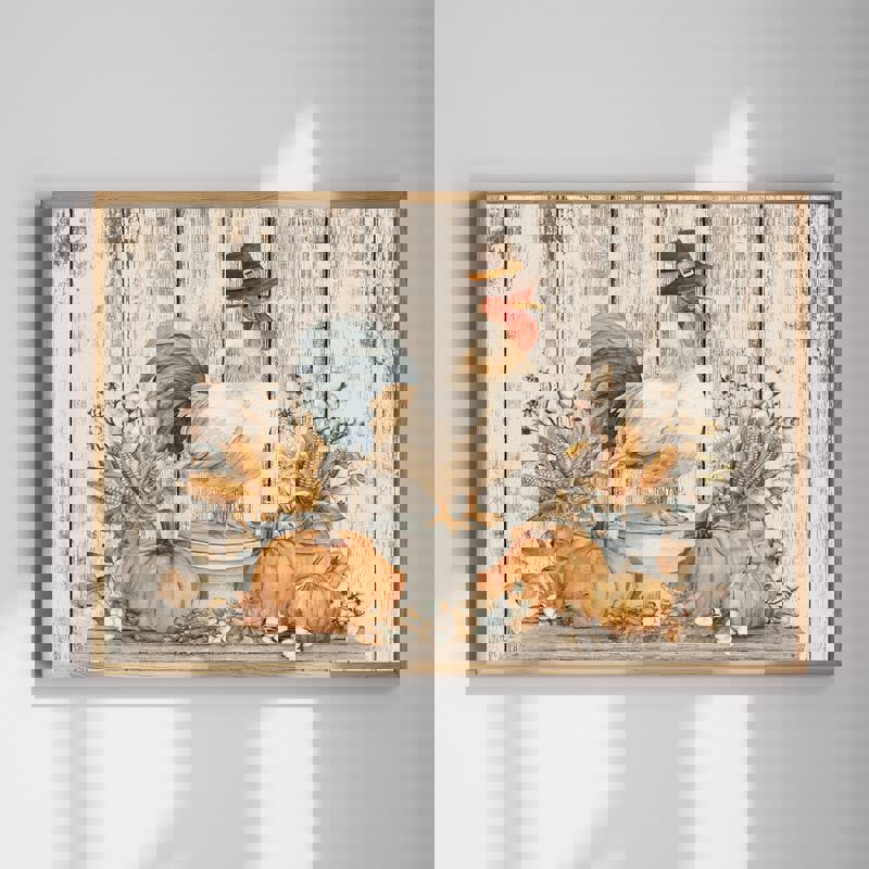 Chicken sitting on the toilet canvas wall art, rustic farmhouse fall bathroom decor with warm autumn tones and humor | Familywalldecor