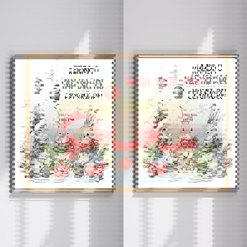 Christmas Bunny Bathtime canvas wall art with a festive rabbit in a cozy bath scene, whimsical bathroom decor for holidays | Familywalldecor