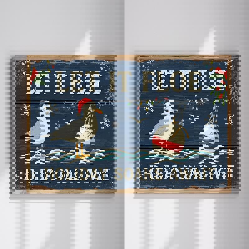 Christmas coastal bathroom canvas wall art featuring beachy holiday humor, seashells and starfish in teal and sandy tones | Familywalldecor