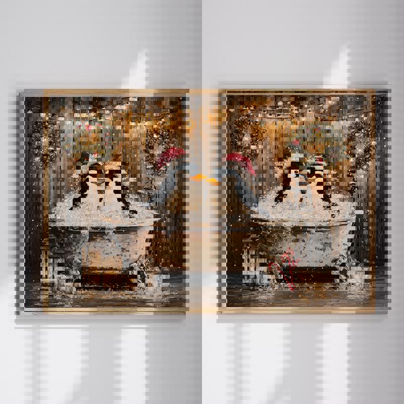 Couple penguins in Christmas bathtub canvas wall art, whimsical holiday bathroom decor with bubbles, garland, and red-green accents in a cozy scene | Familywalldecor