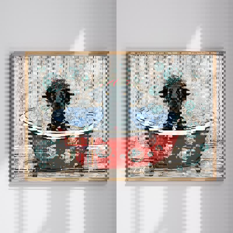 Dog in the tub canvas wall art, rustic farmhouse bathroom decor with playful pup in a bathtub, landscape canvas print | Familywalldecor