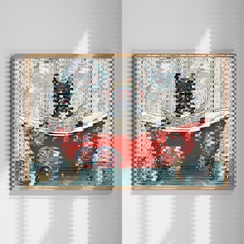 French Bulldog with Christmas wreath canvas wall art for festive bathroom decor, cute holiday dog print for pet lovers. | Familywalldecor