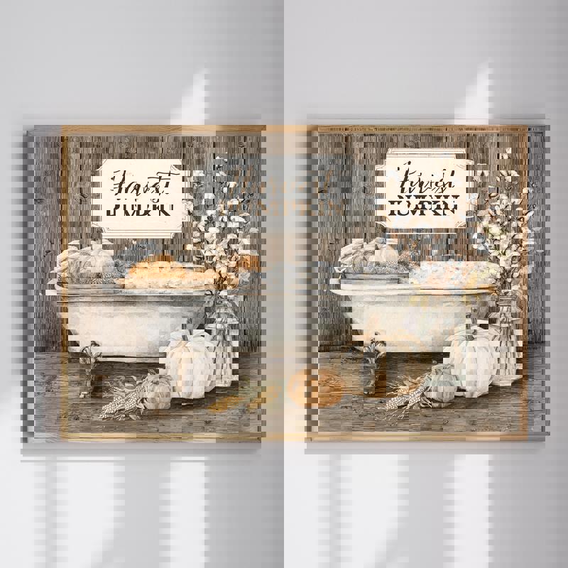 Harvest pumpkin canvas wall art for farmhouse bathroom decor, rustic fall accent with warm orange tones and country charm | Familywalldecor