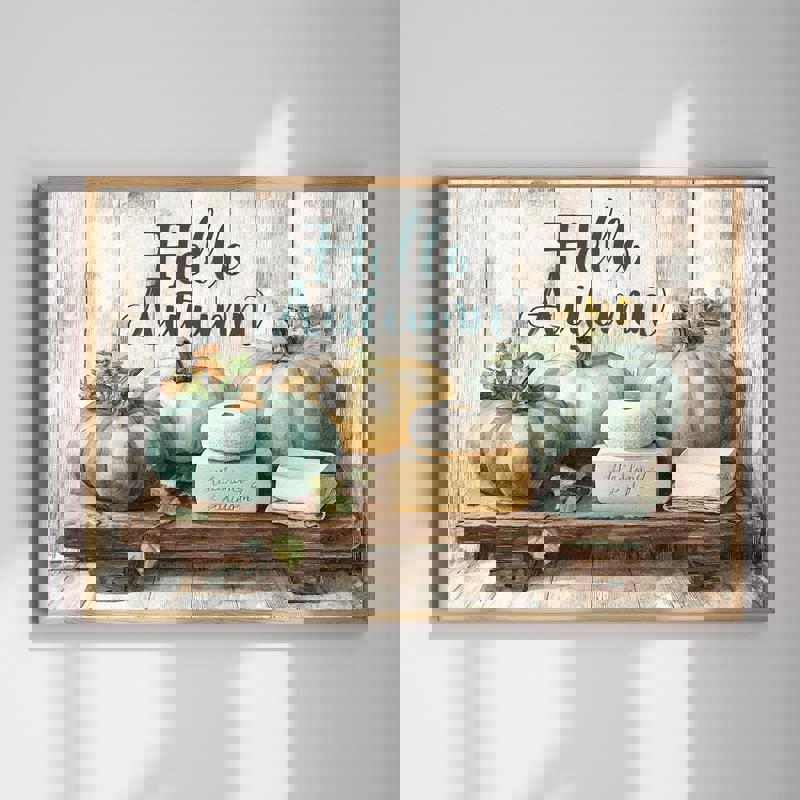 Hello Autumn canvas wall art, farmhouse fall bathroom decor with rustic script and leaf accents, neutral tones | Familywalldecor