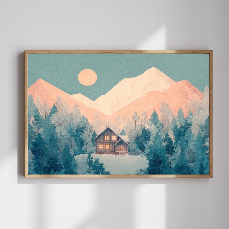 Joyful mountain sunrise canvas wall art in flat collage landscape style, layered shapes and warm tones for bathroom decor | Family Wall Decor