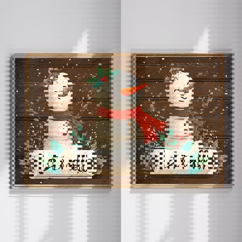 Let It Roll snowman with toilet paper canvas wall art, funny Christmas bathroom decor, farmhouse style, portrait | Familywalldecor