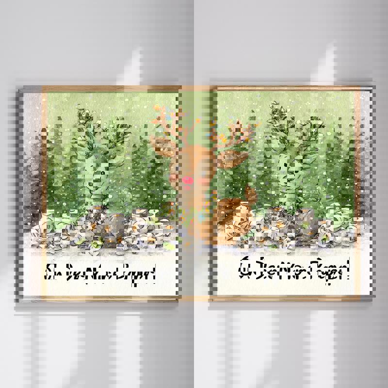 Oh Deer More Paper canvas wall art, farmhouse bathroom decor with deer graphic and playful pun text in rustic neutral tones | Familywalldecor