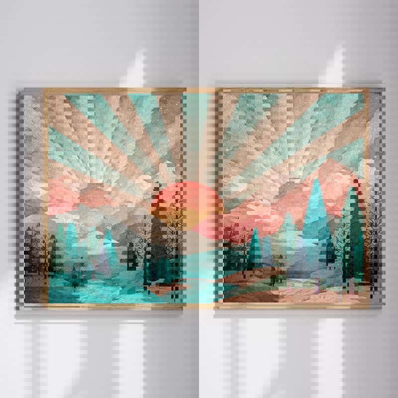 Pastel mountain landscape canvas wall art with serene sunburst, pink-blue palette, landscape for bathroom decor