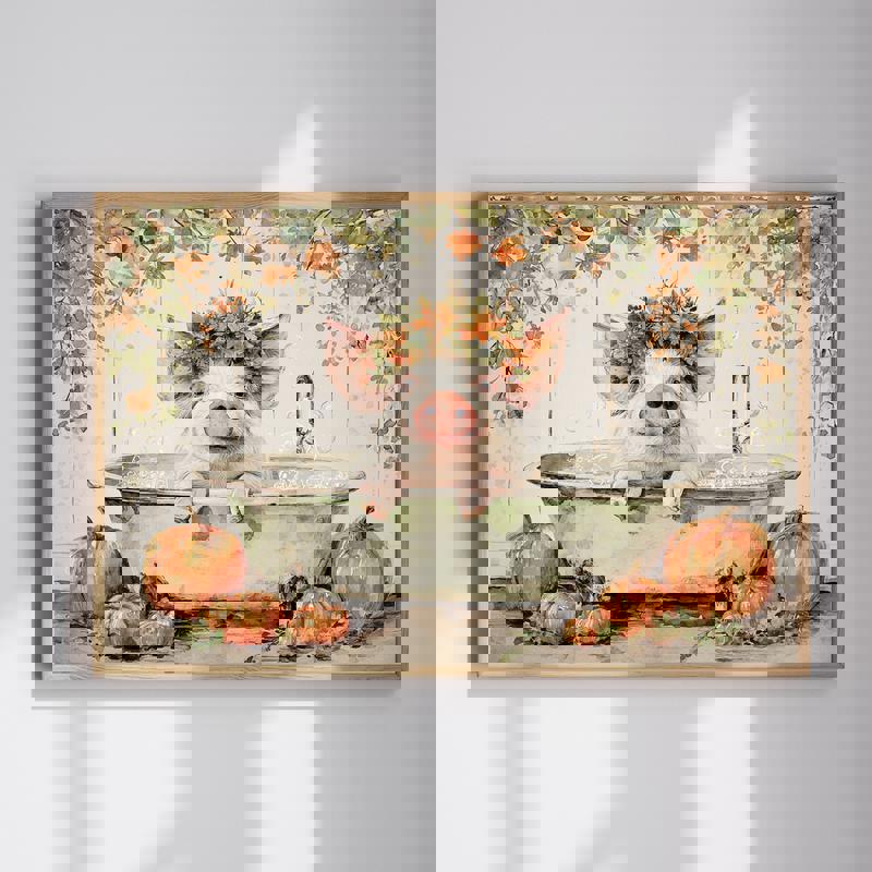 Thanksgiving pig in the tub canvas wall art for farmhouse bathroom decor, rustic fall accents and whimsical country charm | Family Wall Decor