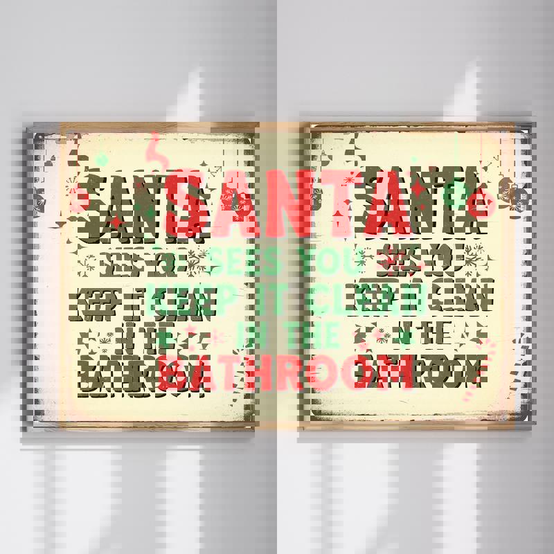 Santa Sees You Christmas canvas wall art, funny retro bathroom decor with winking Santa illustration, portrait orientation. | Familywalldecor