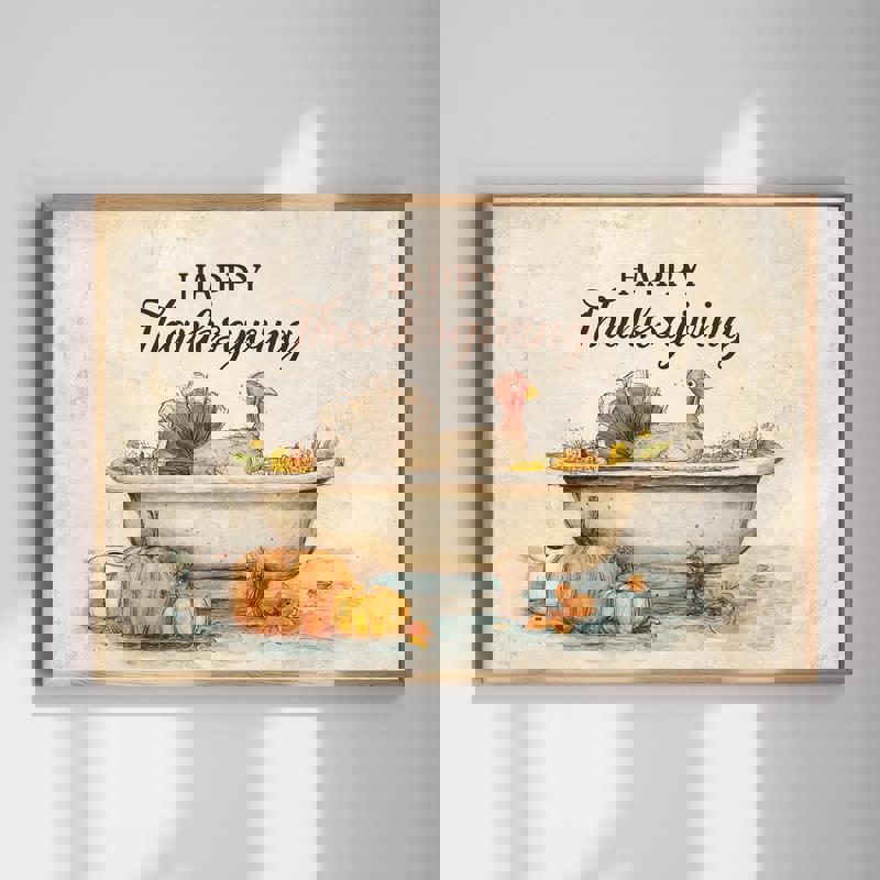 Thanksgiving turkey bathroom decoration canvas wall art with a humorous turkey in a bubble-filled tub and cozy fall accents. | Familywalldecor