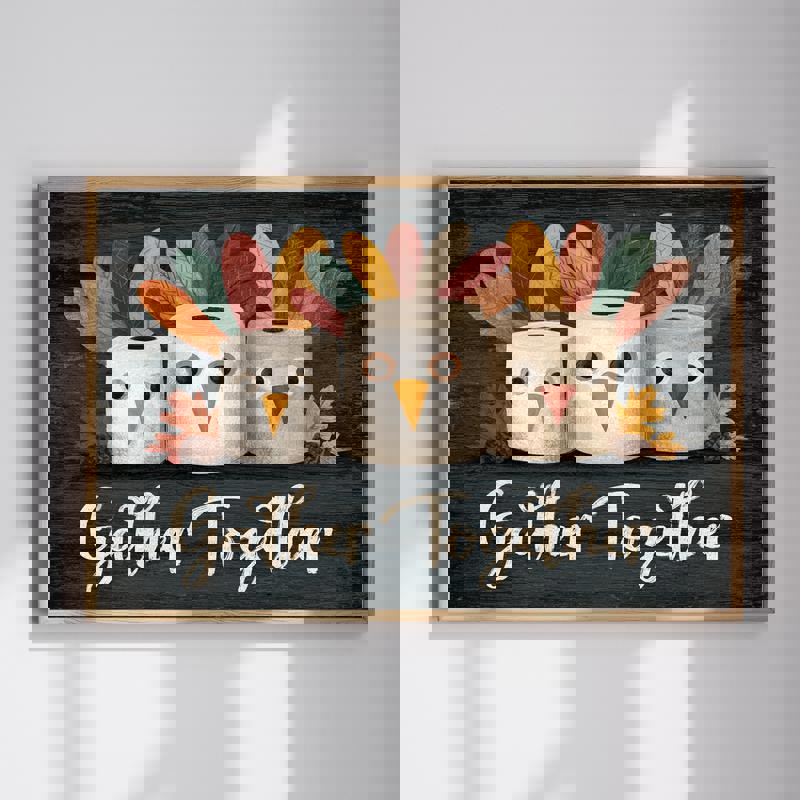 Thanksgiving turkey humor canvas wall art for bathroom decor with toilet paper motif and 'Together' quote, horizontal layout | Familywalldecor