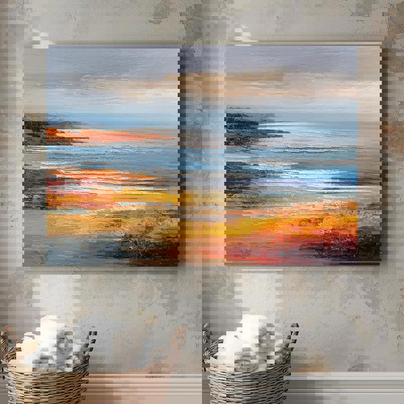 Calm harmony seascape canvas wall art for autumn bathroom decor, muted teal and amber palette, minimalist coastal, vertical