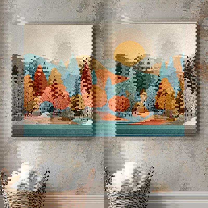 Pastel pine forest river landscape canvas wall art, airy spa bathroom decor in muted mint and blush, tranquil stream