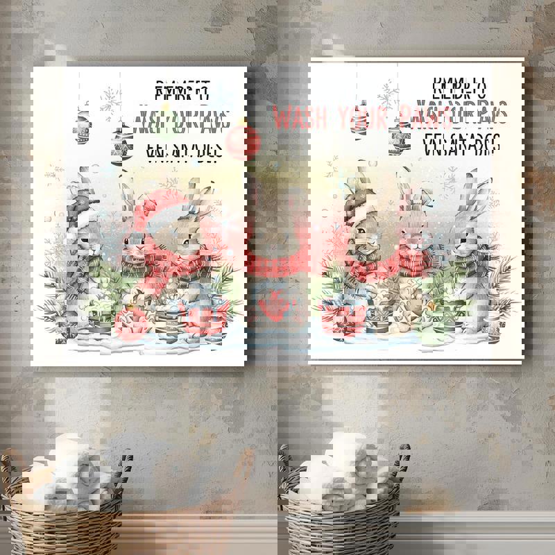 Christmas Bunny Bathtime canvas wall art featuring a cute bunny at bath time, holiday bathroom decor for cozy winter vibes Christmas Bunny Bathtime canvas wall art featuring a cute bunny at bath time, holiday bathroom decor for cozy winter vibes