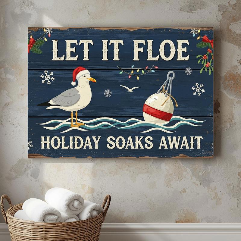 Christmas coastal bathroom canvas wall art with playful nautical type, ocean waves, and driftwood look in portrait format