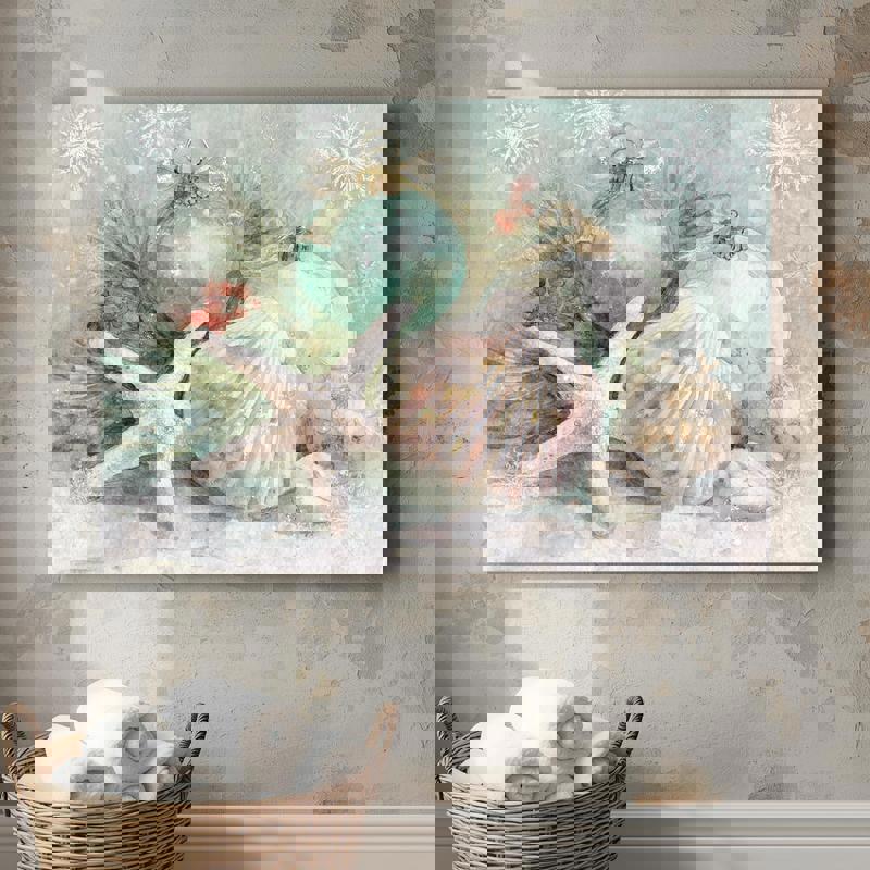 Coastal Christmas canvas wall art, navy watercolor shells with coral branch accents, bathroom holiday decor, vertical orientation