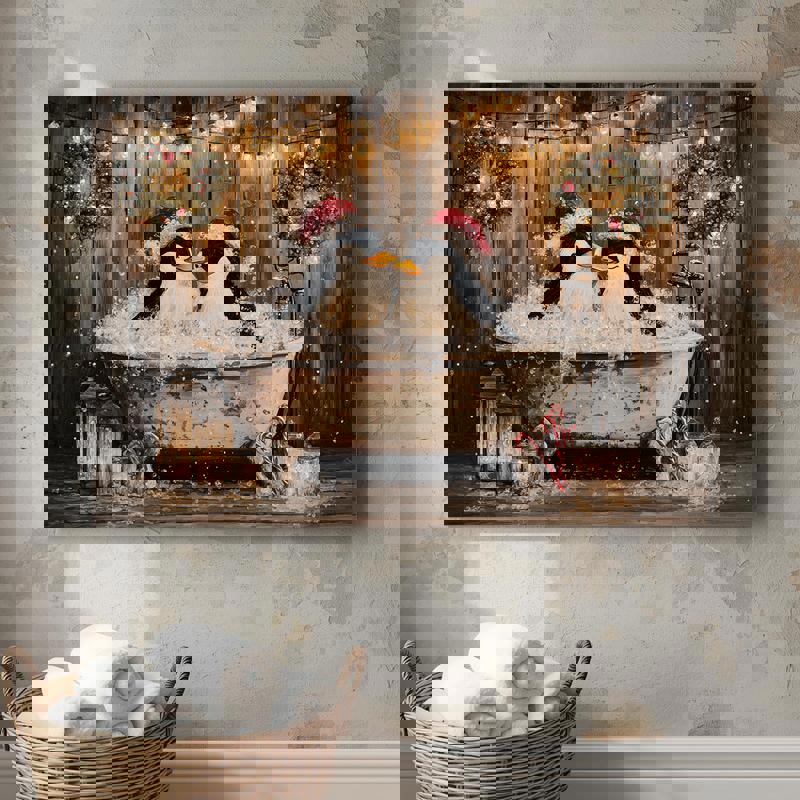Couple penguins in Christmas bathtub canvas print, festive bathroom wall art in vertical orientation with cozy winter bubbles and lights