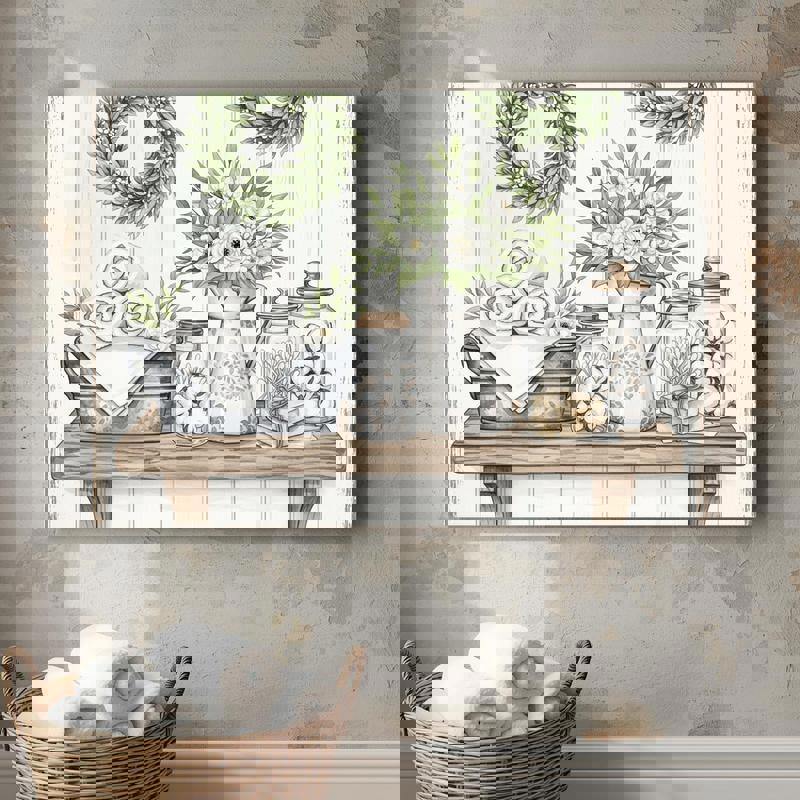 Rustic bathroom canvas wall art for farmhouse decor, featuring earthy hues and weathered textures for a tranquil washroom