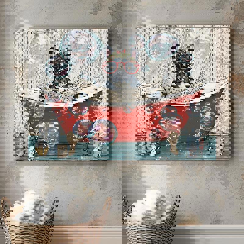 French Bulldog with Christmas wreath canvas wall art, cute holiday bathroom accent for dog lovers and cheerful winter decor.