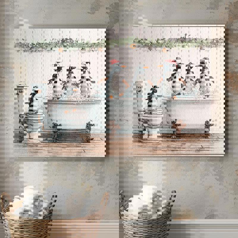 Funny Christmas Penguin canvas wall art, red background bathroom decor with playful penguin, modern minimalist, square Funny Christmas Penguin canvas wall art, red background bathroom decor with playful penguin, modern minimalist, square