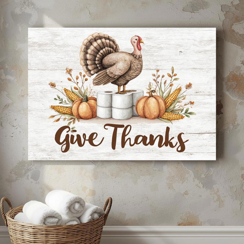Funny Thanksgiving turkey canvas wall art for bathroom decoration, playful cartoon turkey adds humor to powder room or bath