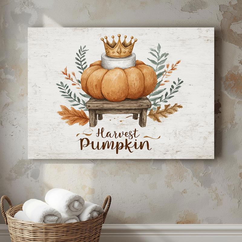 Harvest pumpkin with toilet paper canvas wall art, rustic bathroom accent in neutral palette, portrait orientation, farmhouse