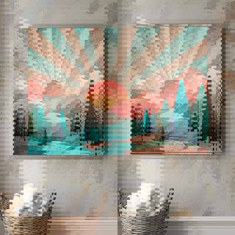 Pastel mountain landscape canvas wall art featuring sunburst over peaks, portrait, muted lavender-teal tones for bathroom