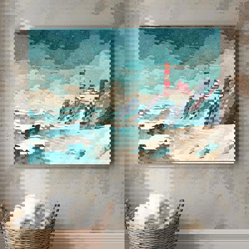 Playful pastel forest and river canvas wall art in soft blush and mint tones for whimsical Christmas bathroom decor