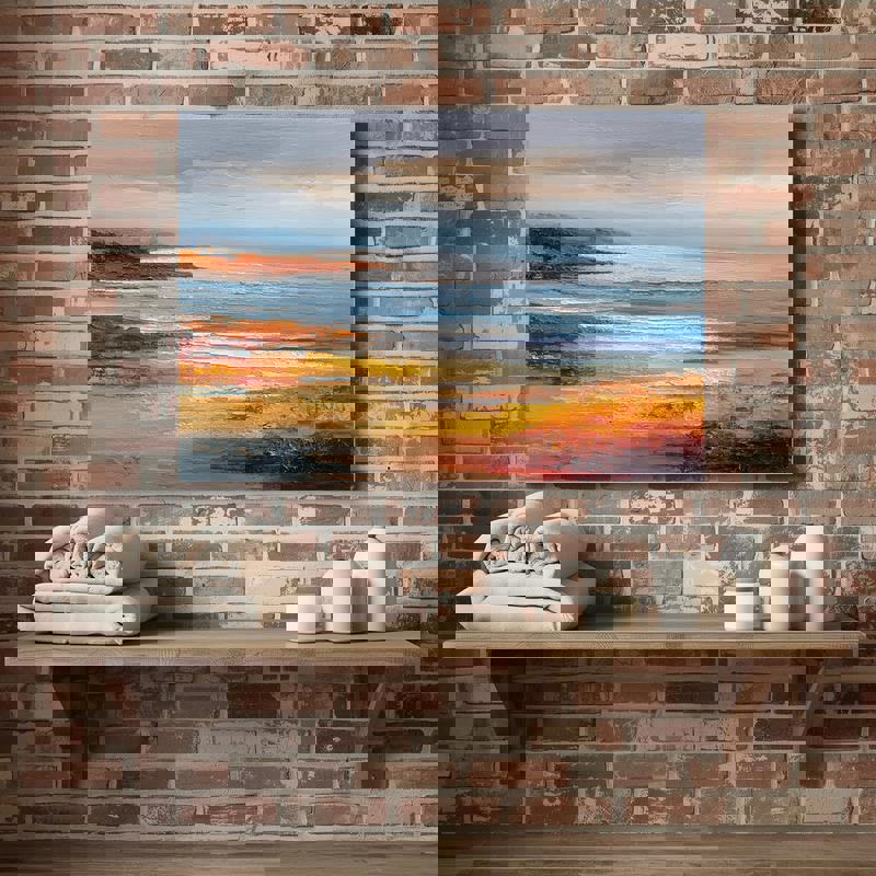 Calm harmony seascape canvas wall art, soft sunset horizon and gentle surf, autumn accents for spa bathroom, modern rustic