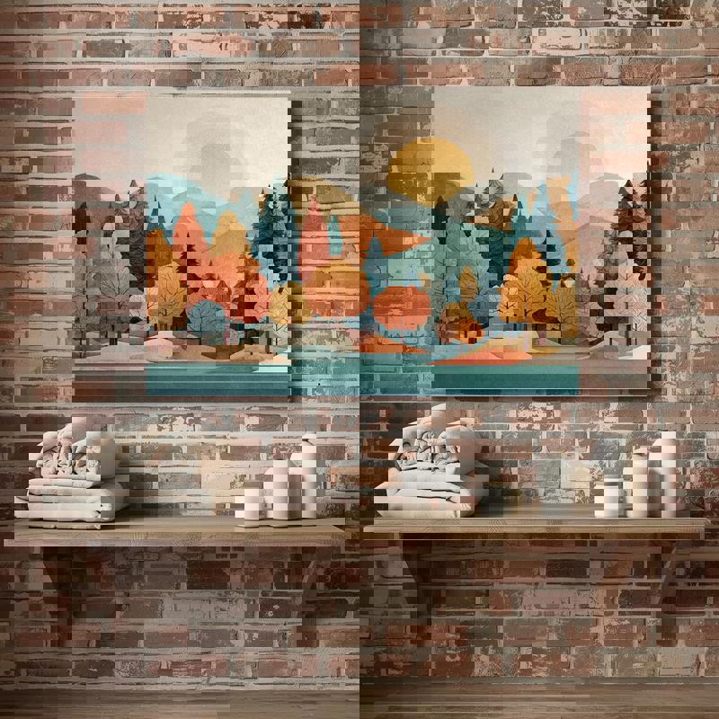 Pastel pine forest river landscape canvas wall art for bathroom decor, bright palette with teal water and misty green pines