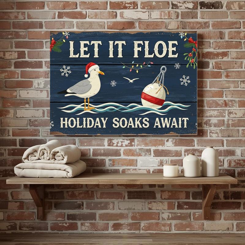 Christmas coastal bathroom canvas wall art with starfish and anchor motifs in blue and white palette, square, humorous