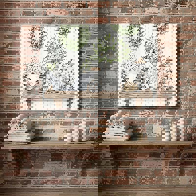 Farmhouse bathroom serenity canvas wall art, rustic style with muted palette to create peaceful, cozy bathroom decor