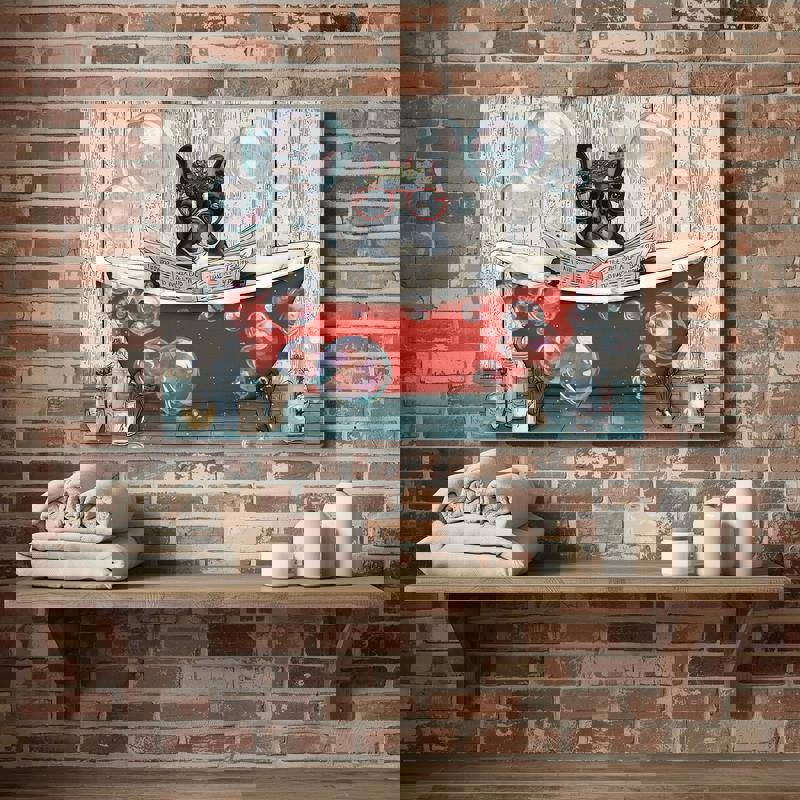 French Bulldog with Christmas wreath canvas wall art, holiday bathroom decor and a charming Christmas gift for dog lovers.