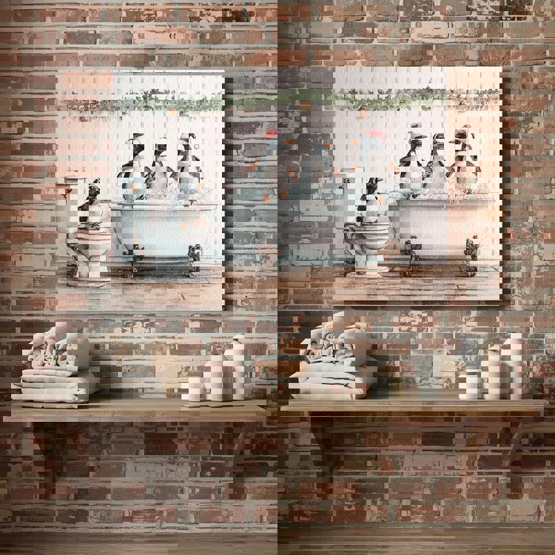 Funny Christmas Penguin canvas wall art for bathroom, teal backdrop and whimsical penguin in watercolor style, landscape Funny Christmas Penguin canvas wall art for bathroom, teal backdrop and whimsical penguin in watercolor style, landscape