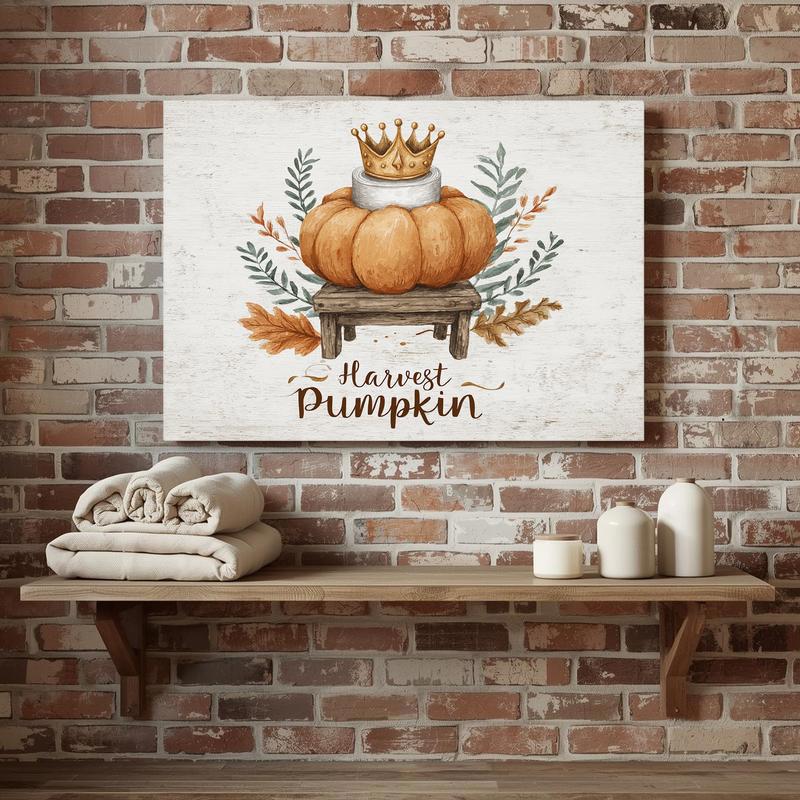 Harvest pumpkin with toilet paper canvas wall art, shabby chic bathroom decor, distressed wood background, square format