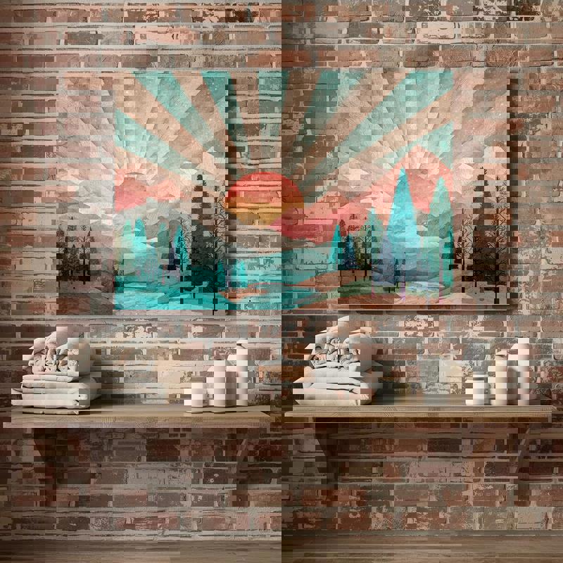 Pastel mountain landscape canvas wall art, golden sunburst and misty lake, beige-blue tones for tranquil bathroom decor