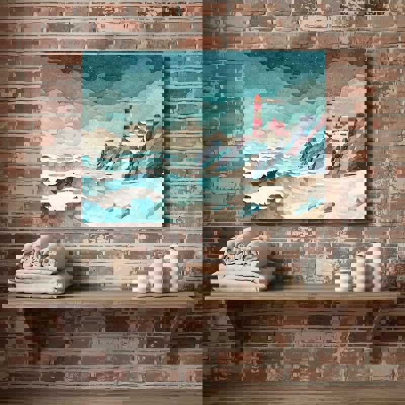 Playful pastel forest and river canvas wall art, winter woodland scene in icy blue and sage for Christmas bathroom decor