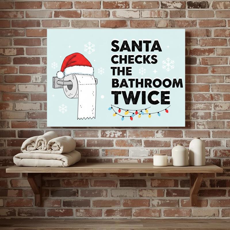 Christmas bathroom reminder canvas wall art, square layout with snowflakes, red-green script, and 'Replace the Roll' message