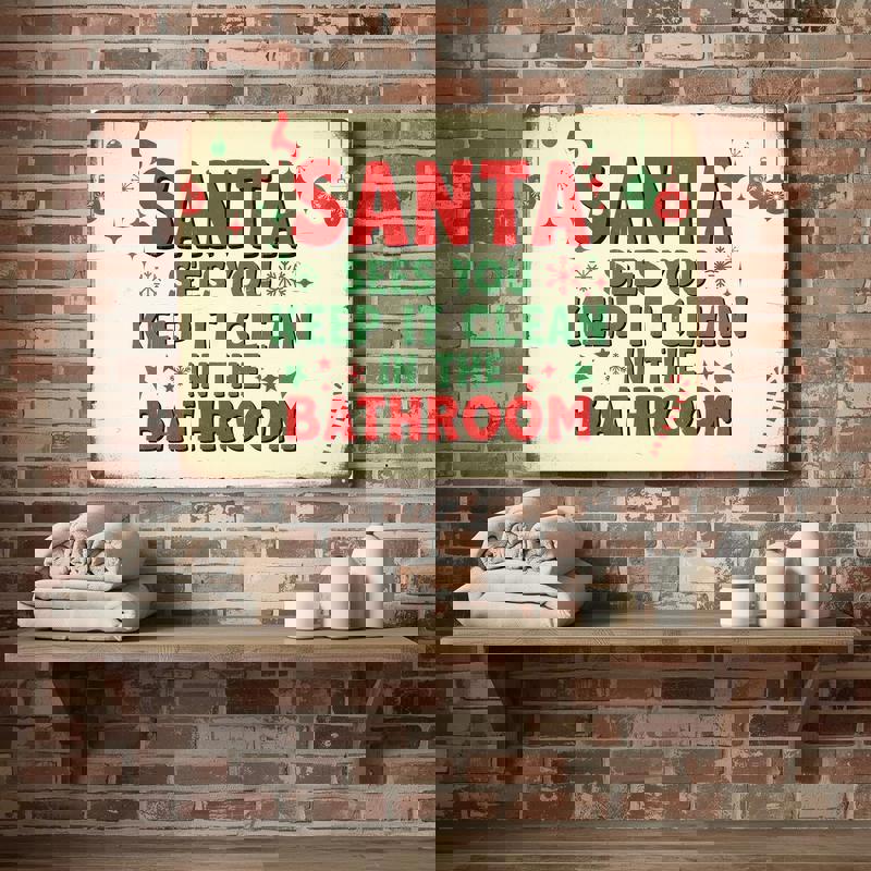 Santa Sees You Christmas canvas wall art, retro typography with red background for bathroom humor, gallery wrapped edges. Santa Sees You Christmas canvas wall art, retro typography with red background for bathroom humor, gallery wrapped edges.