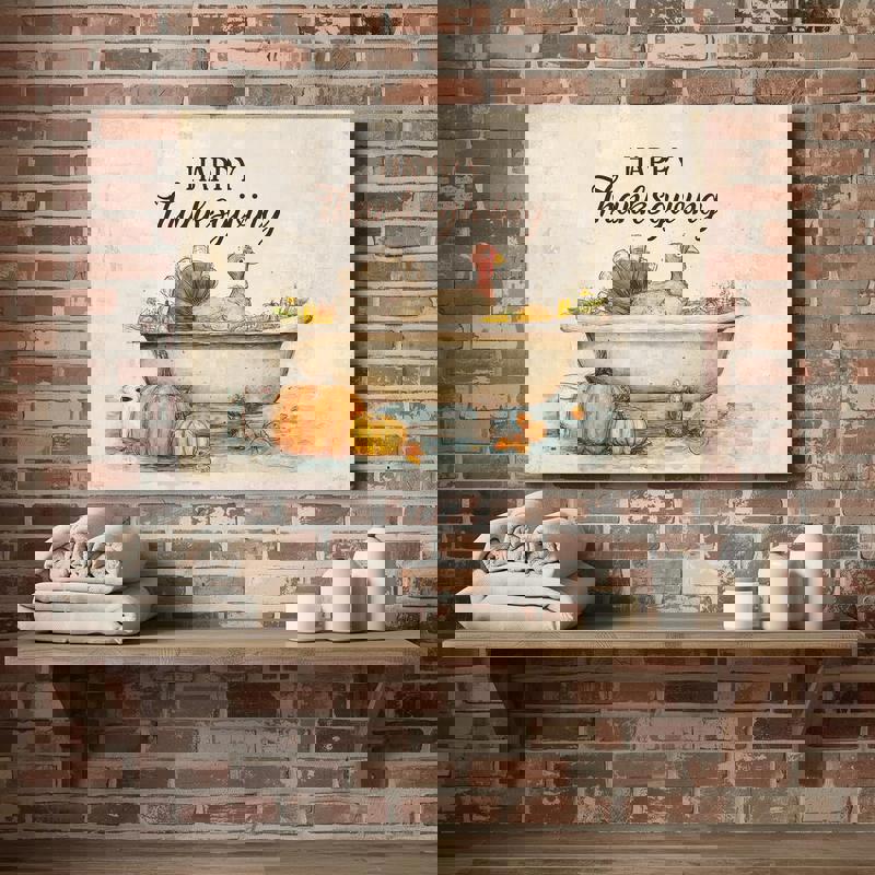 Thanksgiving turkey bathroom decoration canvas wall art, whimsical illustration of a turkey in suds with warm fall palette.