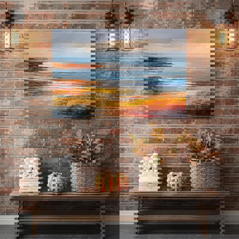 Calm harmony seascape canvas wall art, misty blue waters with copper sky, ideal guest bath decor, housewarming gift