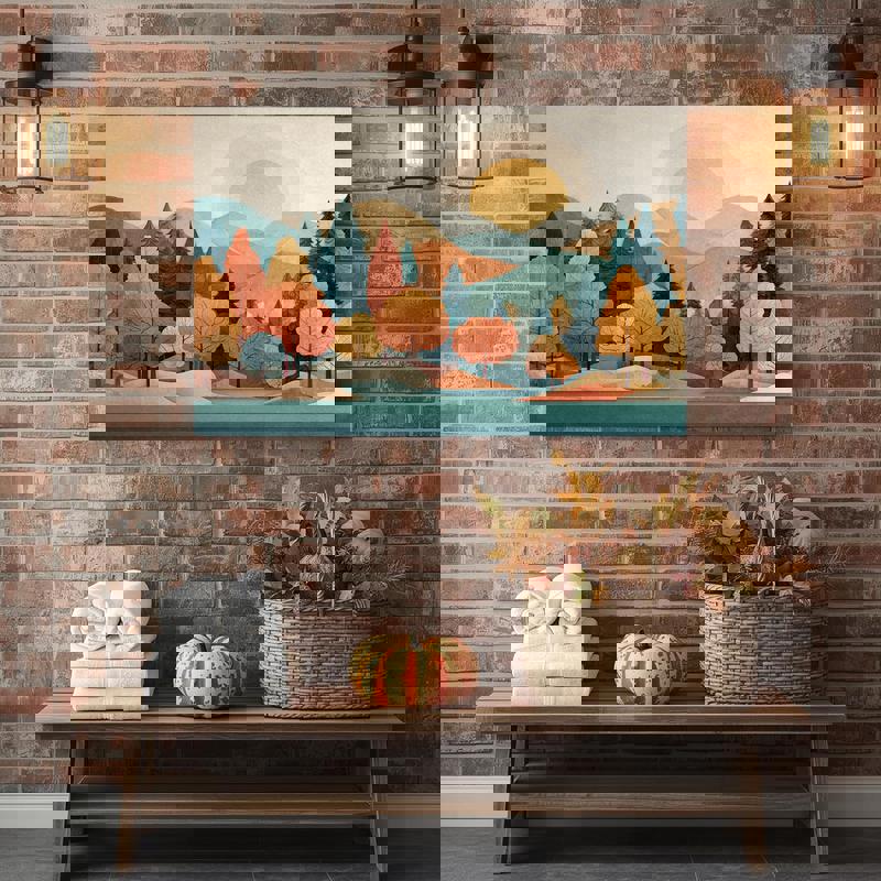 Pastel pine forest river landscape canvas wall art, minimalist bathroom decor with soft glow, evergreens by a gentle river