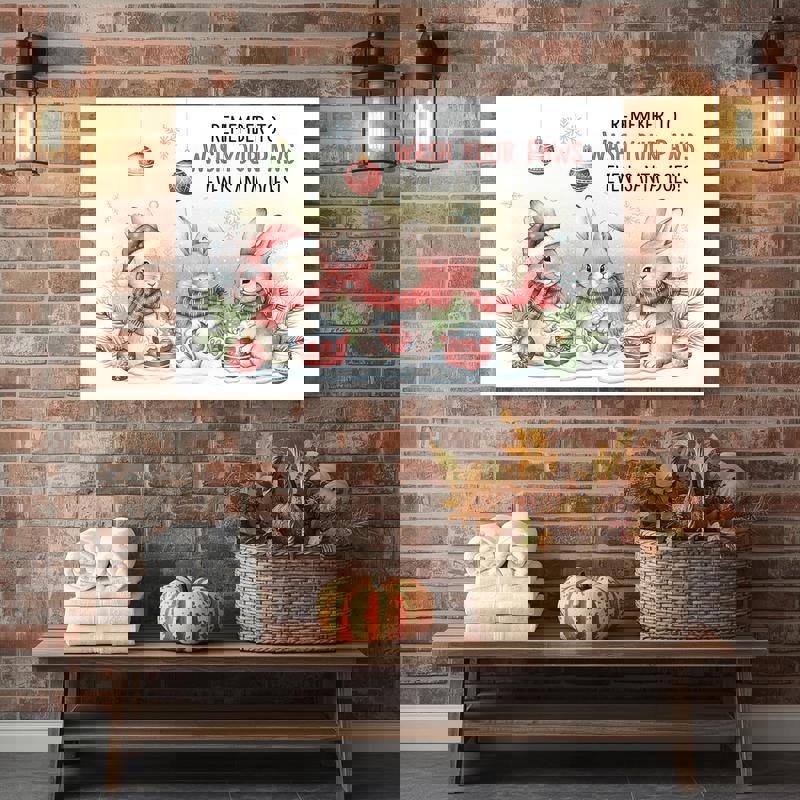 Christmas Bunny Bathtime canvas wall art showing a holiday rabbit in the tub, cute seasonal bathroom decor for a cozy home Christmas Bunny Bathtime canvas wall art showing a holiday rabbit in the tub, cute seasonal bathroom decor for a cozy home