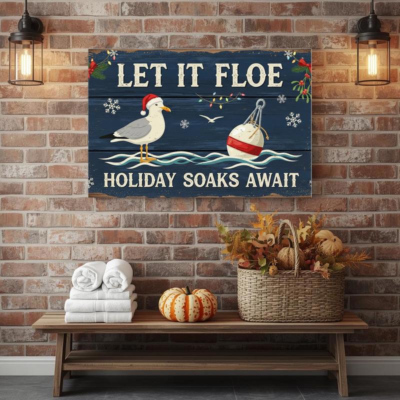 Christmas coastal bathroom canvas wall art in landscape format, turquoise and sand hues, seashell border and fun beach saying